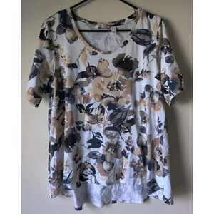 Isaac Mizrahi Live! Women's Floral Short Sleeve Tunic Top Scoop Neck‎ Size Large